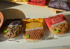 Daar kon men proeven van deze nieuwe per stuk verpakte biologische koekjes: choc chip cookie, stroopwafel en muesli cookie. Edith: "Ze zijn al verkrijgbaar bij Sligro, La Place en diverse outlets."