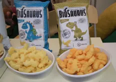 De BioSaurus-chips uit Slowakije is in twee smaken verkrijgbaar: zout en kaas. Beide varianten zijn overigens glutenvrij.