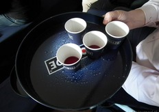 "En in dit bekertje zit de aroma die ze daarna aan het brouwsel toevoegen. In dit geval sap van de biologische vlierbessen. "De smaak komt niet van het fermenteren, maar vanuit de grondstoffen. Hieruit blijkt dat de grondstoffen ook geconcentreerd goed drinkbaar zijn."