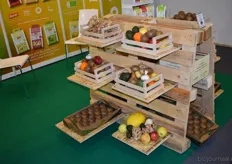 Tentoonstelling van biologisch groente en fruit in een gezamenlijke stand.
